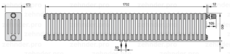 Схема (чертеж) Радиатор Zehnder Charleston 5040/37 №V008 Белый глянцевый RAL 9016